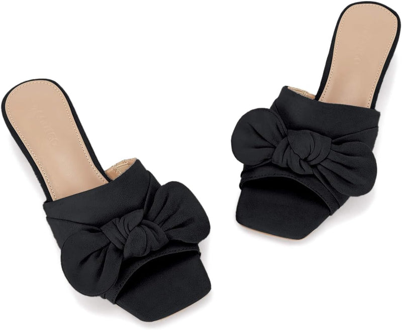 Women’s Bow Chunky Heel Slide Sandals, Square Toe Low Heel Summer Shoes