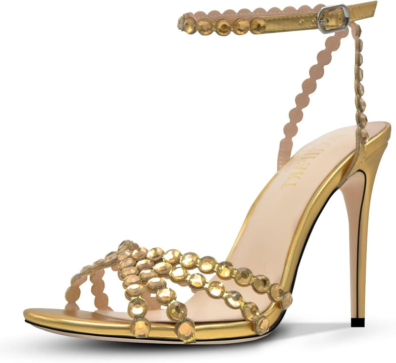 Women’s Rhinestone Stiletto Sandals – Round Toe Ankle-Strap High Heels
