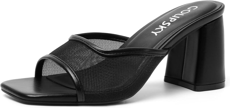 Women’s Mesh Block Heel Mule Sandals – Square Toe Slip-On Slides