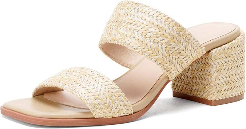 Women’s Woven Chunky Heel Sandals, Double-Strap Square-Toe Slide Shoes