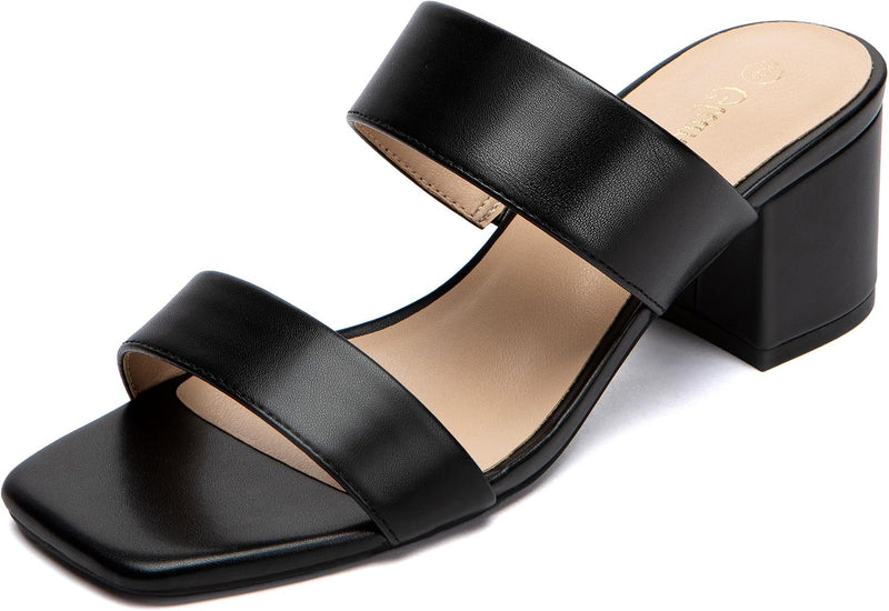 Women’s Double-Strap Block Heel Sandals – Square Toe Comfortable Low Heel Slides