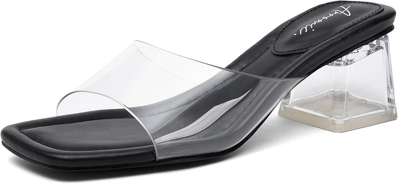 Women’s Clear Block Heel Sandals – Square Toe Open-Toe Low Heel Mules